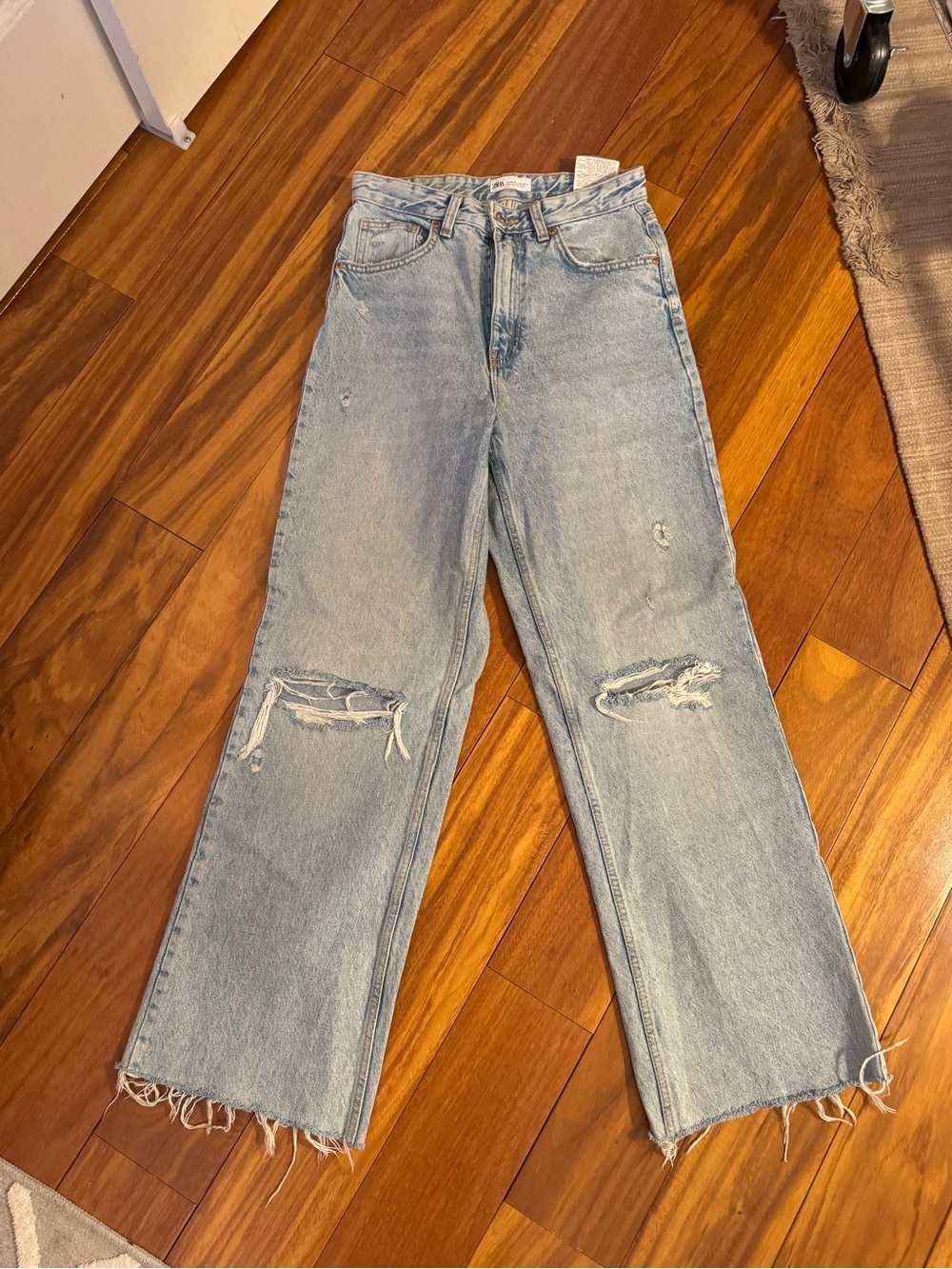 Zara Light Blue Distressed Wide-Leg Jeans